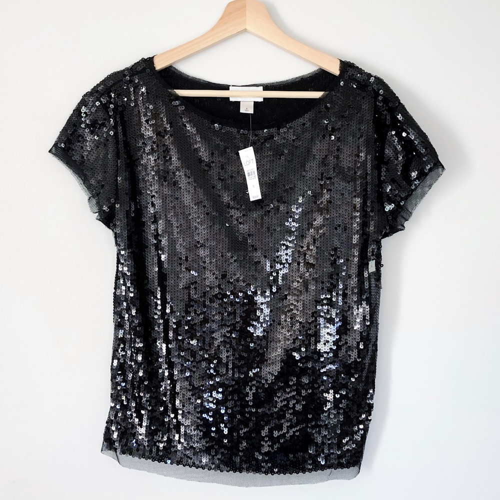 Ann Taylo LOFT Black Sequin Party Top NWT